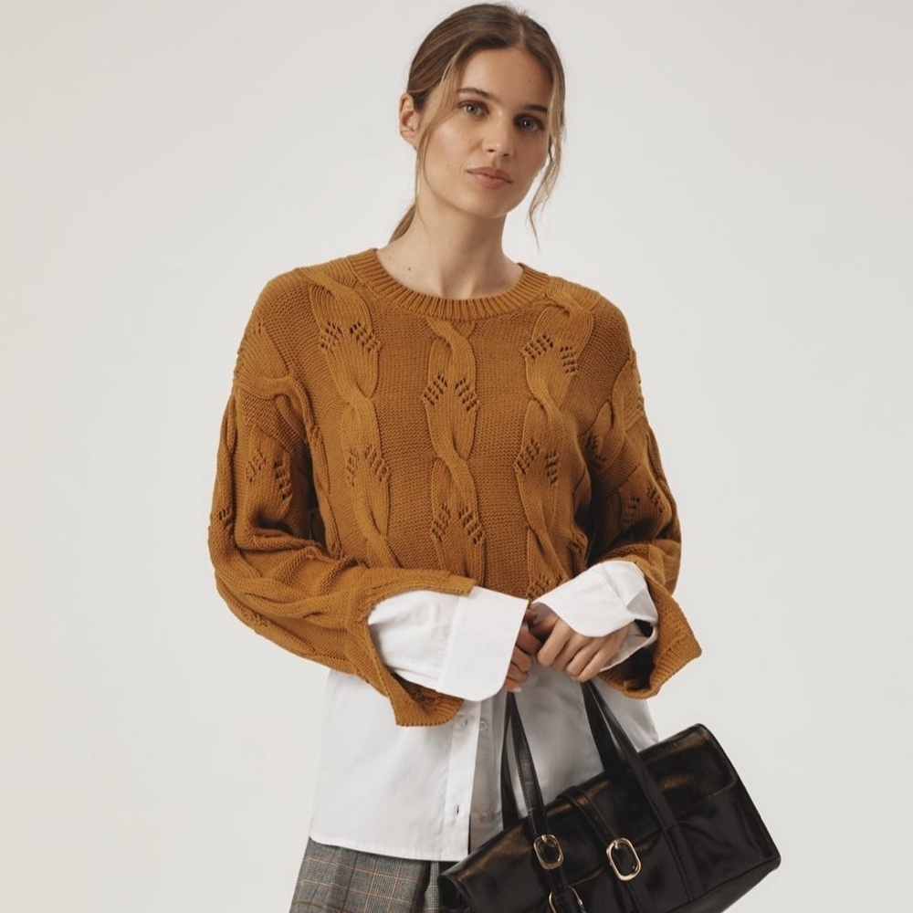 NWT! Anthropologie Pilcro Cable Knit Twofer Sweater in Mustard, Size Small 🎨